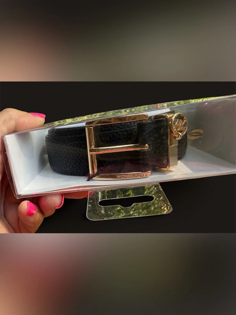 Michael Kors Black Pebbled Leather Belt with Rose Gold Buckle